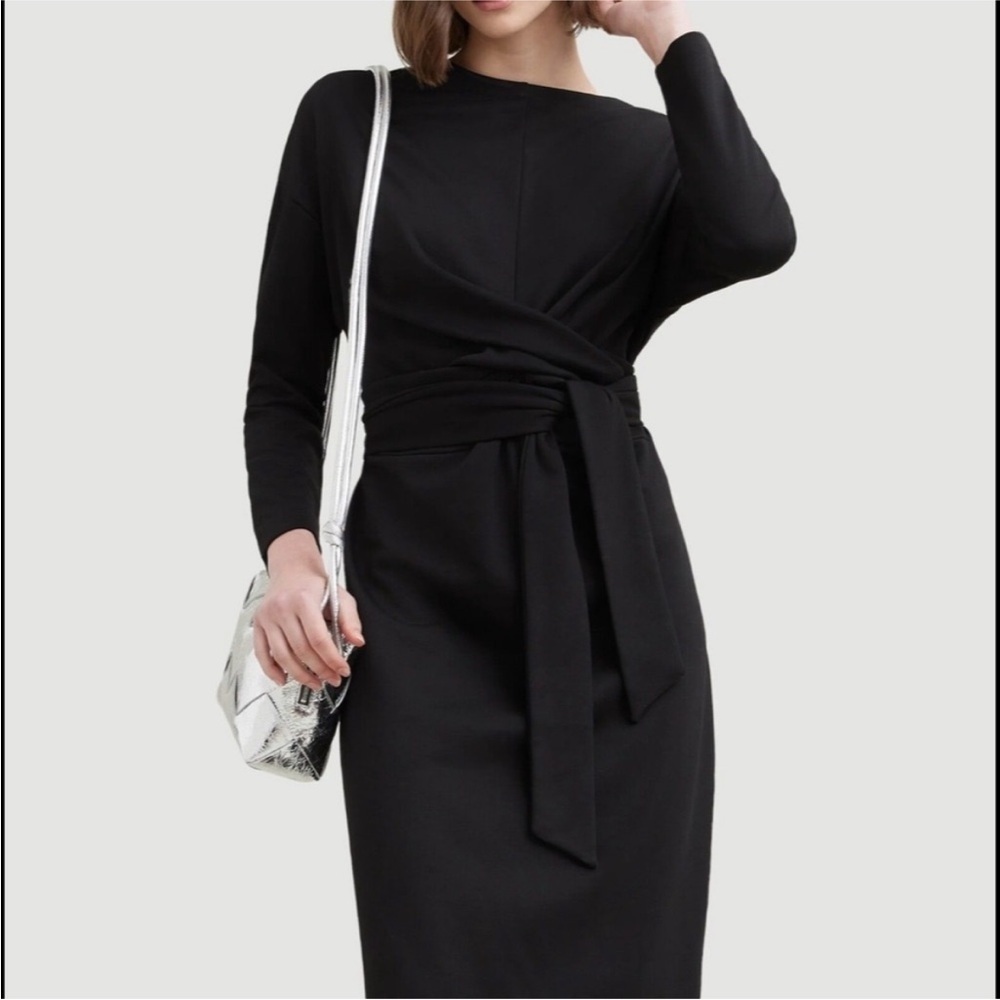 Modern Citizen Terry Cloth Cotton Black Tie Front Long Sleeve Midi Dress Size M - Picture 3 of 14